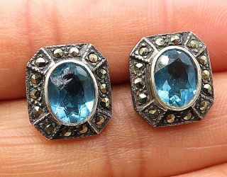 925 Sterling Silver - Vintage Blue Topaz & Marcasite Square Stud Earrings - E4298