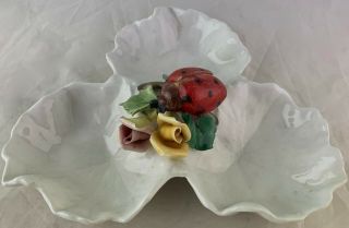 VINTAGE ITALIAN POTTERY WHITE PORCELAIN DISH RED LADYBUG ROSE FLOWERS 2