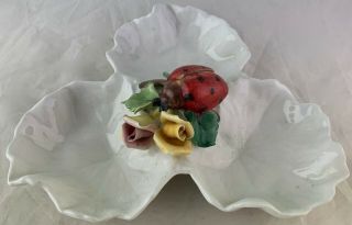 VINTAGE ITALIAN POTTERY WHITE PORCELAIN DISH RED LADYBUG ROSE FLOWERS 6