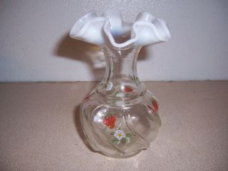 Vtg Fenton Glass Strawberry Vase W/ Opalescent Rim Signed: N.  Roberts