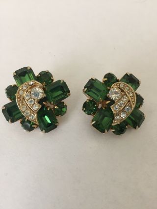 Vintage Signed Weiss Green & Clear Rhinestones Crystal Clip On Earrings (a1)