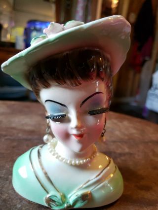 Vintage Lady Head Vase / Planter Unknown Maker Green Dress And Hat