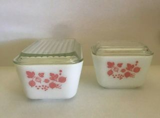 Vintage Pyrex Gooseberry Refrigerator Dishes With Lids 1 Pint 501 & 1.  5 Pint 502