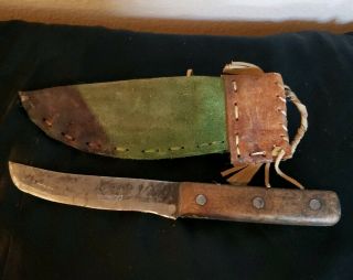 Vintage Knife Fixed Blade Wood Handle W Native American Leather Scabbard 9 1/2 "