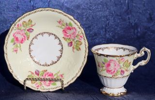 Exquisite Eb Foley 1850 Yellow W/pink Roses Gold Gilded Cup And Saucer Vintage