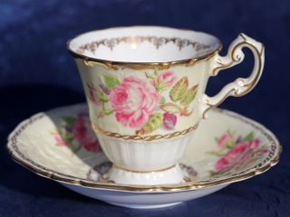 EXQUISITE EB FOLEY 1850 YELLOW w/PINK ROSES GOLD GILDED CUP AND SAUCER VINTAGE 2