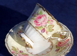 EXQUISITE EB FOLEY 1850 YELLOW w/PINK ROSES GOLD GILDED CUP AND SAUCER VINTAGE 3