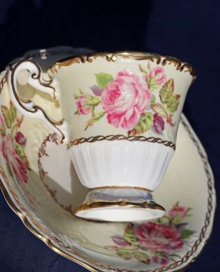 EXQUISITE EB FOLEY 1850 YELLOW w/PINK ROSES GOLD GILDED CUP AND SAUCER VINTAGE 6