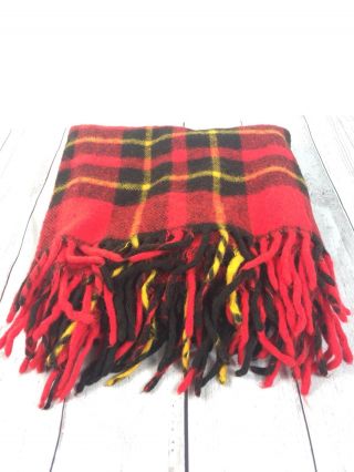 Vintage Red Plaid 100 Wool Stadium Blanket With Fringe Euc 54 " X 54 " Picnic