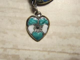 Vintage Sterling Silver Enameled Puffy Heart Charm - Turquoise & White Pansy