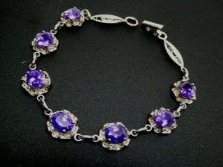 Vintage Signed Sterling Silver 925 Faceted Purple Cz Linked Bracelet Size 8 "