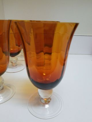 Set Of 6 Vintage Amber Goblets With Clear Ball Stem 6 1/2 " Tall.
