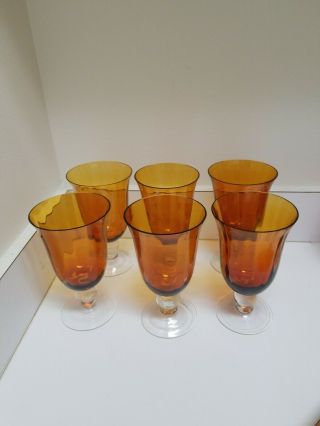 Set of 6 Vintage Amber Goblets with clear Ball Stem 6 1/2 