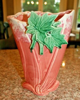 Vintage Mccoy Pottery 9 " Pink Vase With Applied Green Ivy Leaf
