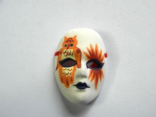 Orange Owl Ceramic Bisque Hand Painted Face Mask Pendant Vintage