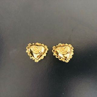 Christian Lacroix Vintage Gold Tone Clip On Earrings Mini Heart Frill 1990s