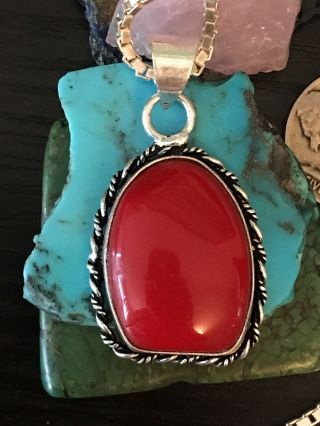 Vintage Native American Red Coral Sterling Silver Pendant Necklace 19 G 18” 2