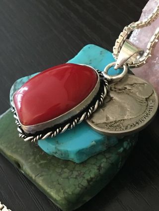 Vintage Native American Red Coral Sterling Silver Pendant Necklace 19 G 18” 8