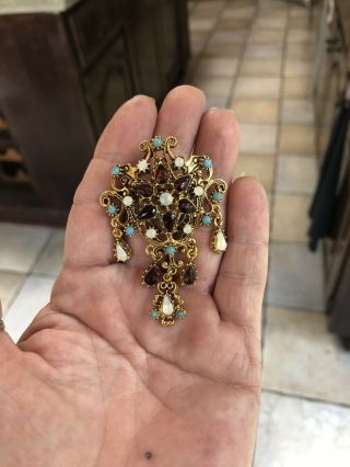 Vtg.  Signed Florenza Gold Tone Ornate Dangle Pin/brooch Garnet Opal Turquoise