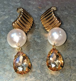 Vintage Givenchy Faux Pearl Drop Dangle Clip On Earrings
