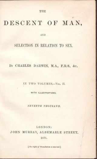 The Descent of Man Charles Darwin (Origin of Species) Evolution 1st Ed 1871 12
