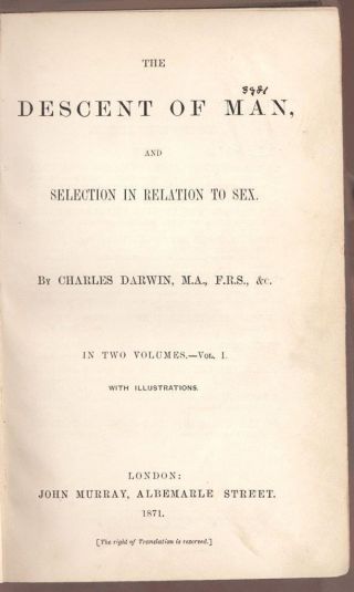 The Descent of Man Charles Darwin (Origin of Species) Evolution 1st Ed 1871 2