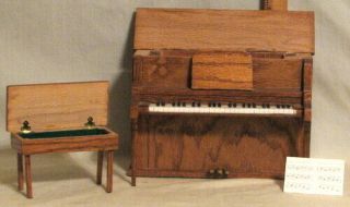 VINTAGE HAND MADE OAK WOOD MINIATURE UPRIGHT PIANO with BENCH 2