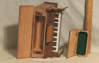 VINTAGE HAND MADE OAK WOOD MINIATURE UPRIGHT PIANO with BENCH 4