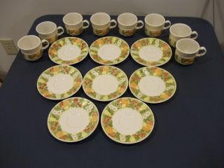 Vintage Set Of 8 Metlox Vernon Ware Della Robbia Coffee Cups & Saucers