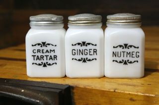 Vintage Mckee Milk Glass Papper Shakers Tipp City Cream Tartar,  Nutmeg,  Ginger