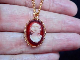 Authentic Vintage - 1950 ' s Red Carved Cameo Pendant/Necklace 2