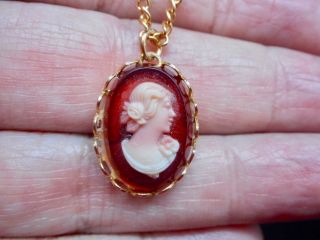 Authentic Vintage - 1950 ' s Red Carved Cameo Pendant/Necklace 3