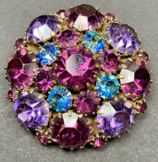 Vintage Brooch Pin High End Colorful Faceted Rhinestones Gold Tone