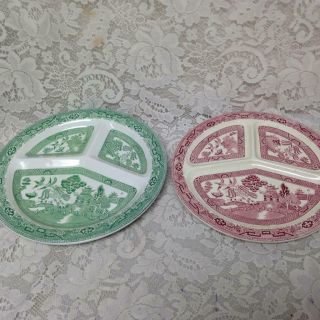 Vintage,  England,  France 2pc Set Green And Red - Blue Willow Grill Plates