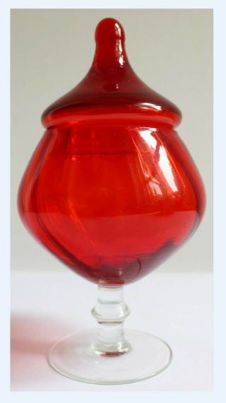 Vintage Ruby Red Mid Century Italian Empoli Glass Lidded Bon Bon Jar Apothecary