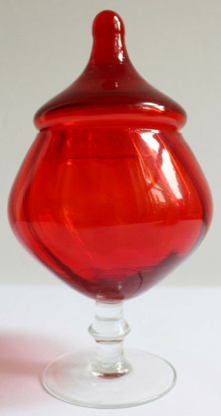 Vintage Ruby Red Mid Century Italian Empoli Glass Lidded Bon Bon Jar Apothecary 2