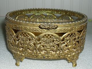 Vintage Golden Filigree Jewelry Box Oval Footed Ormolu Glass Top Collectible