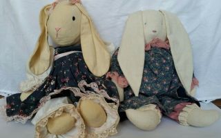 2 Vintage Homemade Easter Bunny Rabbit Dolls Floral Print Dress With Knickers