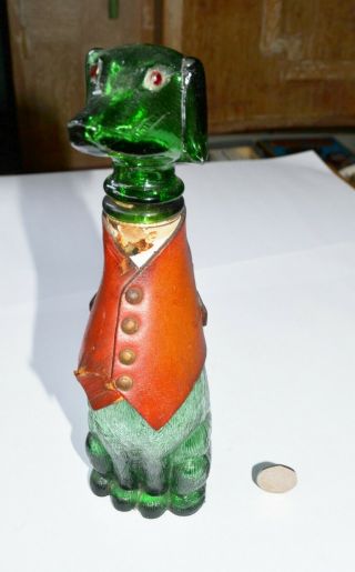 Unusual Vintage Green Glass Dog Shape Bottle Decanter W.  Leather Jacket,  9 " Tall