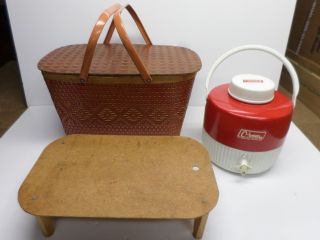 Vintage " Red Man " Wicker Picnic Basket With Cake Tray/ " Coleman Thermos
