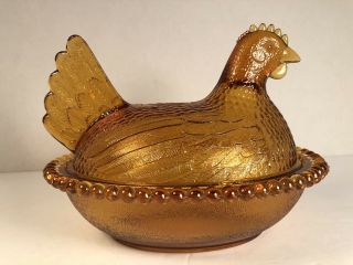 Vintage Indiana Glass Amber Gold Rooster Hen On Nest Covered Candy Dish