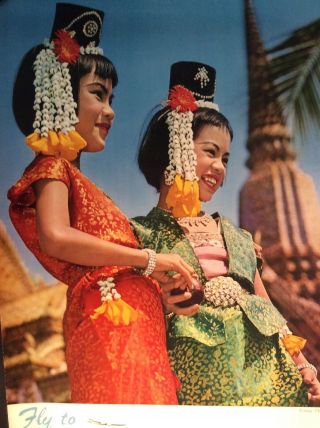 Vintage Travel Poster BANGKOK Thailand Japan Air Lines Thai Girls 2