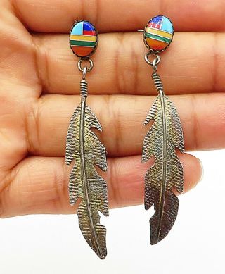 Navajo 925 Silver - Vintage Multi - Stone Inlay Feather Dangle Earrings - E5441