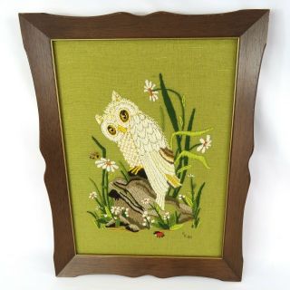 Vintage Owl Crewel Finished Piece Needlepoint In Frame Signed 12.  75 X 16.  75