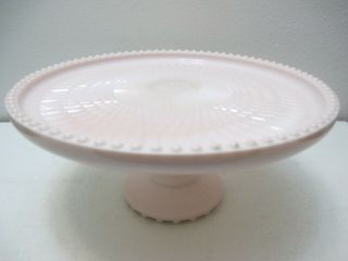 Vintage Jeannette Glass Pedestal Cake Plate Shell Pink Harp Milk Glass 10 1/8 " D