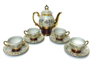 Vintage Sterling Japan Iridescent Lusterware Tea Pot Cup Saucer Set Gold Trim