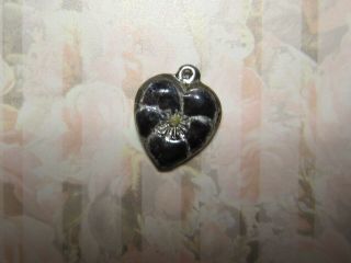 Vintage Sterling Silver Enameled Puffy Heart Charm - Black Pansy