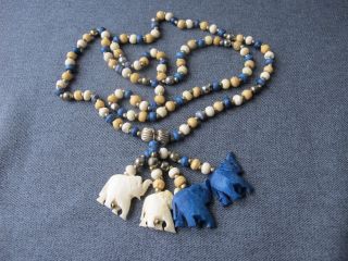 Vintage Elephants Dangles Dyed Blue & Creamy Bovine Bone & Golden Metal Necklace