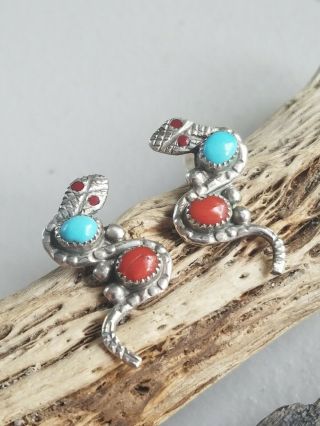 Vintage Nieto Navajo Turquoise/coral Sterling Silver Snake Stud Earrings - Signed