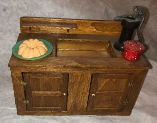 Vintage Wood Dollhouse Miniature Dry Sink Qith Pump Enamelware Pan